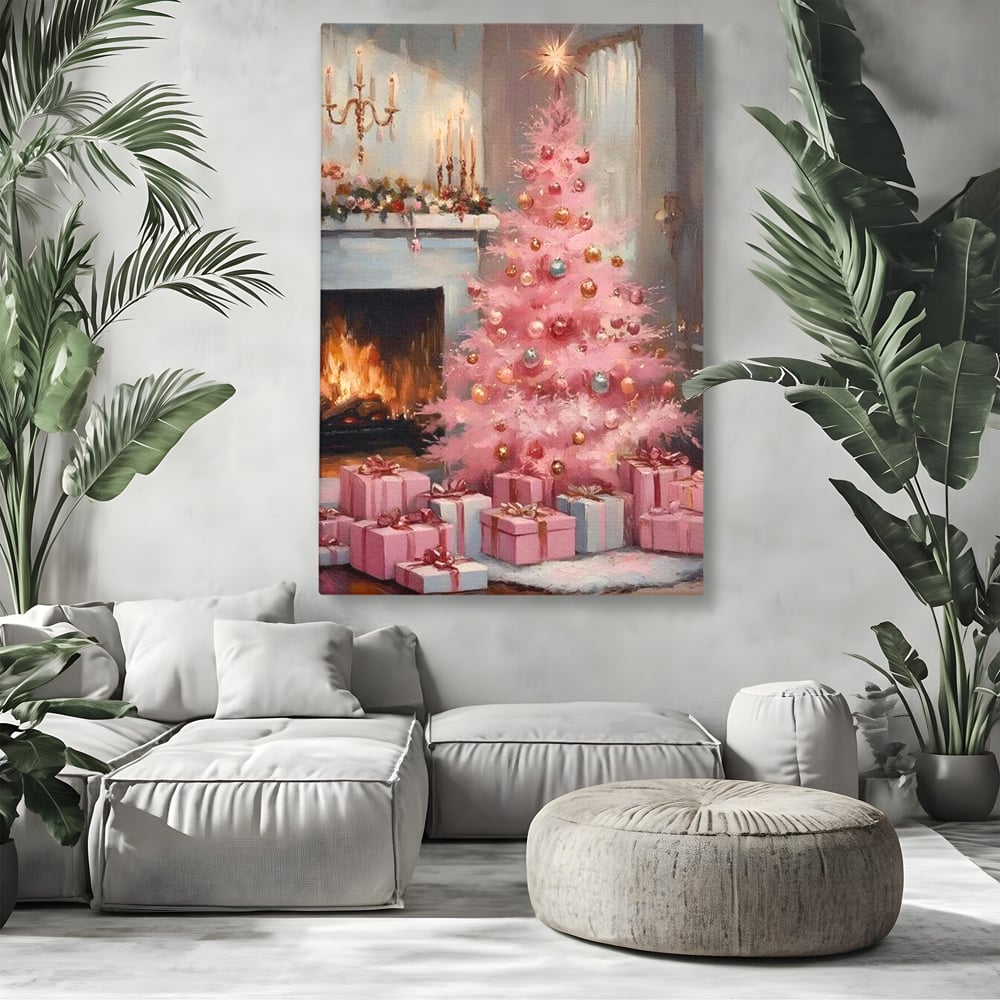 Tablou canvas cu pictura cu brad roz si semineu, fara rama, pe sasiu de lemn, pe perete intr-un living